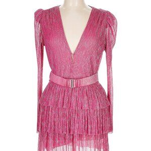 Sabina Musayev Belted Pink Shimmering Glitter Cocktail Dress